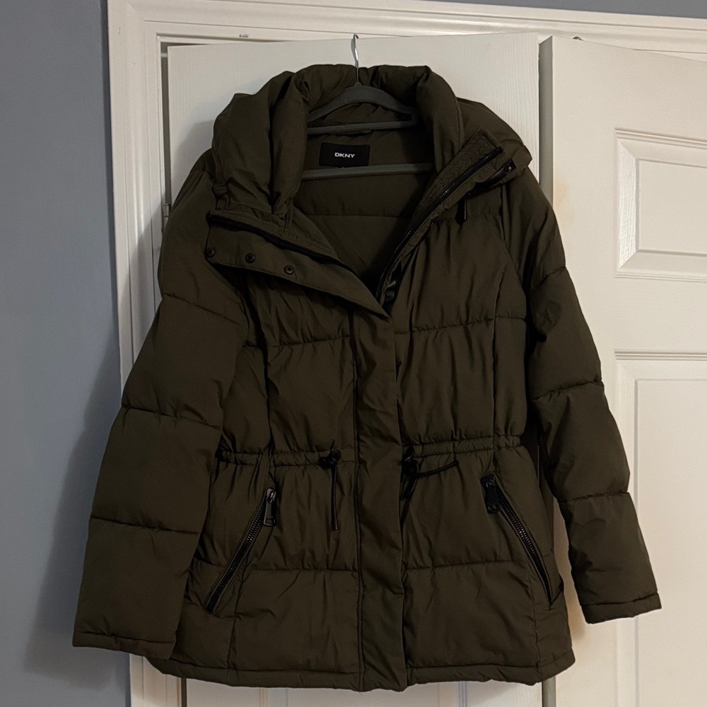 DKNY Dark Olive Puffer Coat